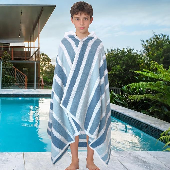 Big Kids Hooded Bath Towel(8-14 Years,64"X33") | Soft Quick Drying Absorbent 100%Cotton Thick Towel Wrap for Teens Boy/Girl | Versatile Beach, Pool, Swim & Bath Cover-Up | Blue Gray Stripe