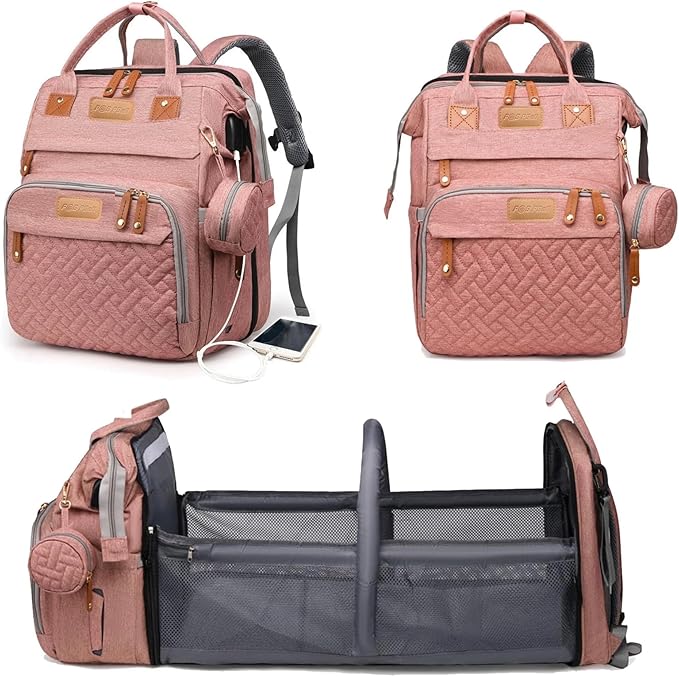 Baby Diaper Bag with Changing Station, Waterproof Diaper Bag Backpack for Mom/Dad, Baby Shower Gifts, w/USB Charging Port, Insulated Bottle Holders & Pacifier Case, XL Storage Backpack, Pink