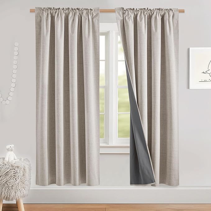 NICETOWN Natural Bedroom Full Blackout Linen Curtain Panels, Thick Linen Blend Classic Rod Pocket Back Tab Blackout Draperies with White Thermal Insulated Liner for Windows (Set of 2, 52 by 72-inch)