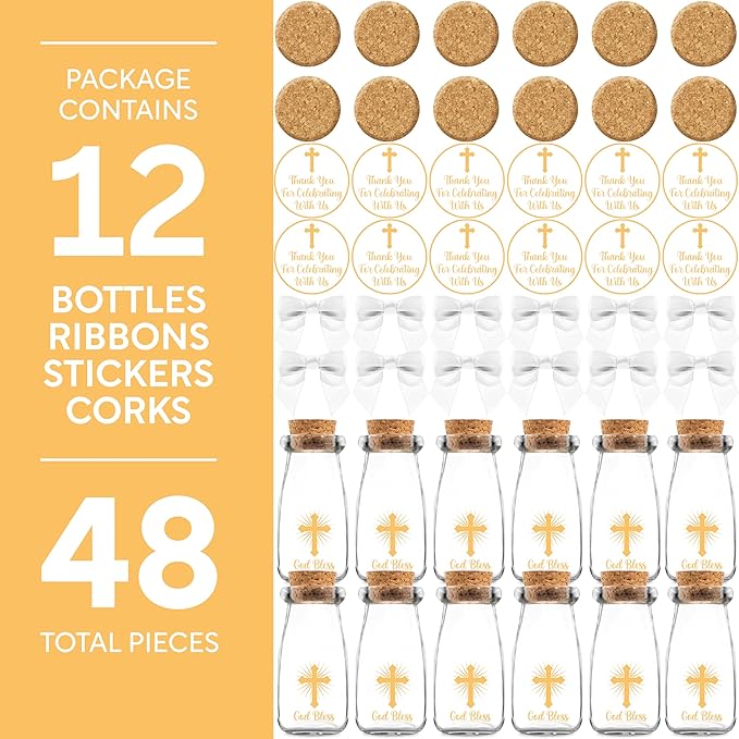 Ethisa Small 12 Pack Baptism Glass Bottles with Ribbons and Stickers - God Bless Party Favors for Baptism and 1st Communion - Bautizo Table Centerpieces Decorations - Baby Christening Theme Candy Jar