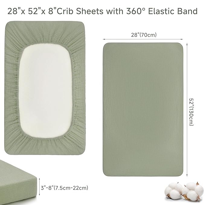 Pro Goleem 2 Pack Muslin Crib Sheets for Boys and Girls, Soft Breathable Neutral Fitted Cotton Baby Bed Sheets Set for Standard Crib Mattress & Toddler Mattress 52"x28", (Grey＆Green)