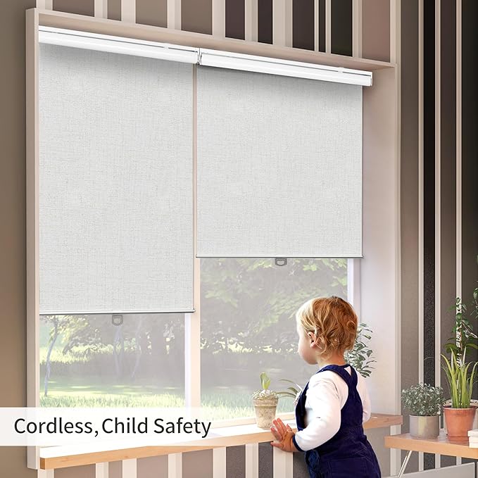 GENIMO 100% Blackout Roller Window Shades, Window Blinds Cordless with Thermal Insulated, UV Protection Fabric, Mini French Door Blinds for Home, Office, Bedroom, Easy to Install, Linen, 34" W X 72" H
