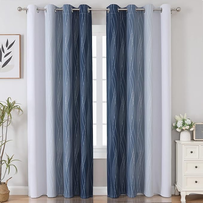 Estelar Textiler Blackout Curtains 102 Inches Long 2 Panels for Living Room, Navy Blue and Greyish White Thermal Insulated Full Light Blocking Ombre Grommet Drapes for Bedroom, 52Wx102L