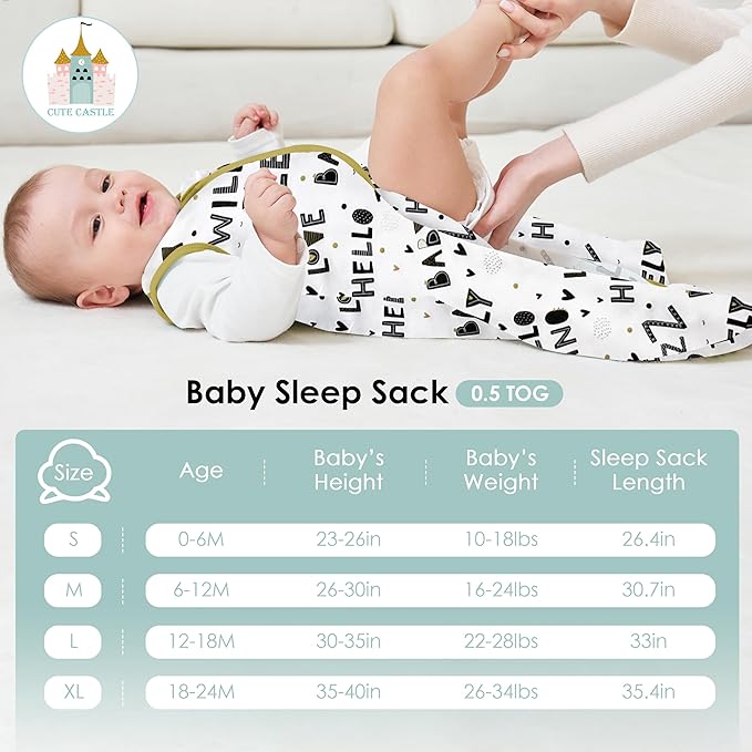 Cute Castle Baby Sleep Sack 12-18 Months - Lightweight 100% Cotton 2-Way Zipper TOG 0.5 Infant Wearable Blanket, Newborn Essentials Toddler Sleep Clothes, 3 Pack(Honey, Dinosaurs, Letters)