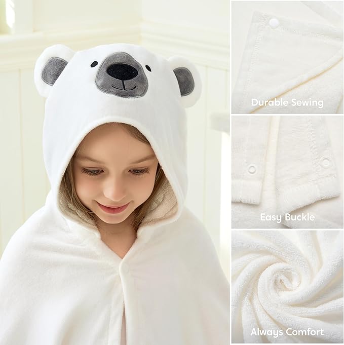 Joiedomi Hooded Towel for Kids Soft 100% Cotton Bath Beach Towel 30" x 50" for Kids 3-10 Years Toddler Pool Poncho with Hood Absorbent Swim Wrap for Boys Girls White Bear