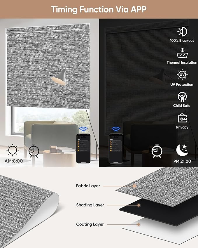 Kincmo Motorized Blinds with Remote,100% Blackout Motorized Roller Shades Work with Apple Homekit,Alexa,Google, Custom Electric Blinds with App,Voice Control (Aqua Waves Grey)