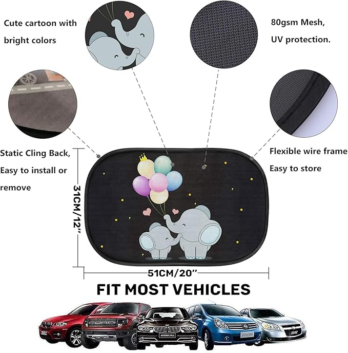 Car Sun Shade for Baby Kids 2 Pack Static Cling Side Window Car 110GSM Rear Sunshades Universal with Storage Bag - Sun Glare and UV Rays Protection for Your Child (Elephant)