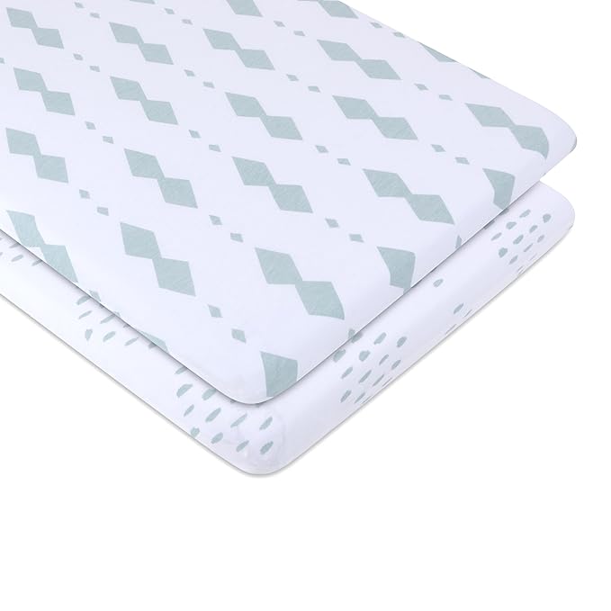 Bassinet Sheets Fitted Cover - Flexible Fit 100% Soft Jersey Knit Cotton - Neutral Grey Sage Diamond - 2 Pack Set