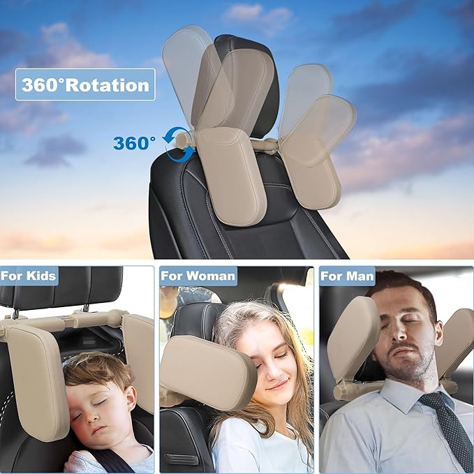Car Headrest Pillow, Adjustable Head Rest Pillow for Car Seat, Head Neck Support for Kids Adults Travel Sleeping, Fit for Headrest with Poles (Beige)