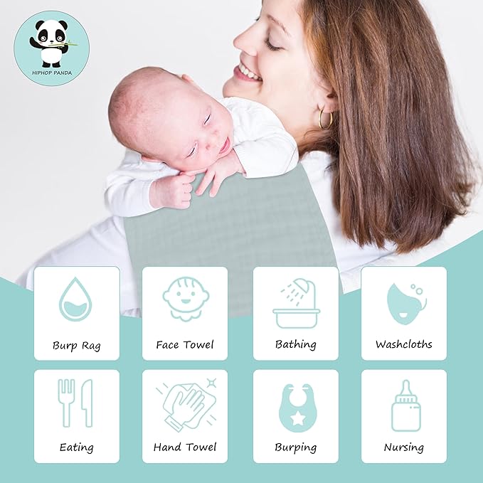 HIPHOP PANDA 10 Pack 6-Layers Muslin Burp Cloths Large - Durable 100% Cotton - Baby Essentials Extra Absorbent and Soft Boys & Girls Rags for Newborn Registry (Slate, 20" X10")