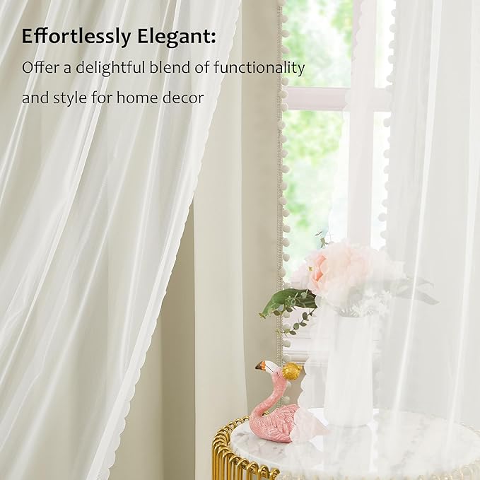 Pom-Pom Blackout Curtains with Sheer Overlay for Bedroom 84"L Ivory Mix and Match Double Layer Blackout Curtains for Living Room Nursery Kid's Room Drapes with Tiebacks Rod Pocket 52" W x2 Natural