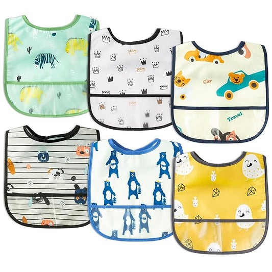 2ooya 6Pcs Waterproof Toddler Bibs Baby Feeding Bib Set with Crumb Catcher Pocket, Infant Adjustable Baby Teething Bib, Babies Sleeveless Vehicles Food Bibs Keepsake Gift for Baby Shower, 6-24 Months