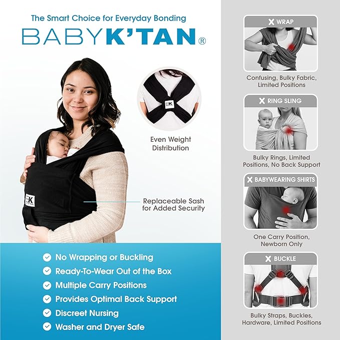 Original Baby K'tan Baby Carrier: #1 Easy Pre-Wrapped, Soft, Slip-On, No Rings, No Buckles | 5 in 1 Baby Sling Gift | The Best Hands Free Infant Wrap | Black | Small