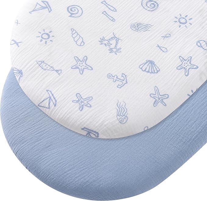 Organic Cotton Muslin Bassinet Sheets, 2 Pack – Soft, Breathable, Universal Fit for Oval, Rectangle & Hourglass Mattresses, Machine Washable, Neutral Colors for Baby Boys & Girls
