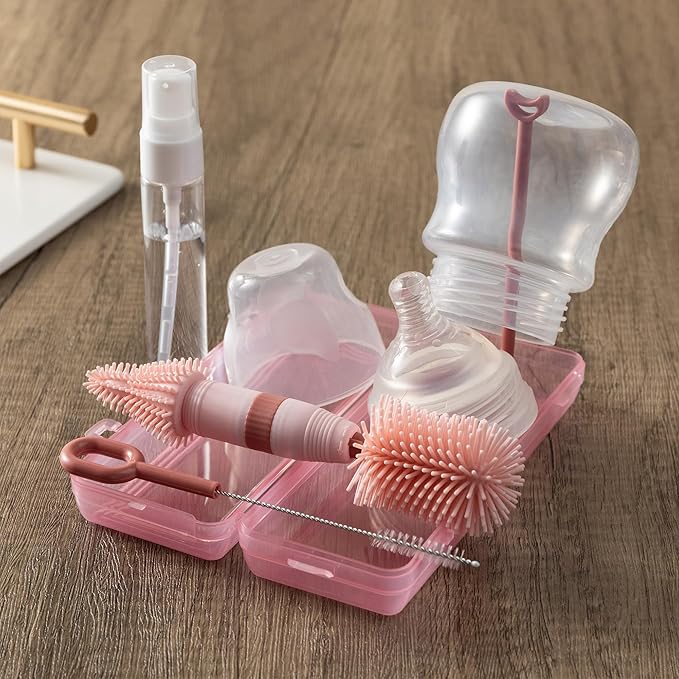 Chemimoso Small Silicone Baby Bottle Brush for Newborn Anti-Colic Baby Bottles，Portable Travel Bottle Cleaner Brush，Suit for Baby Bottles Less Than 8 OZ， Pink
