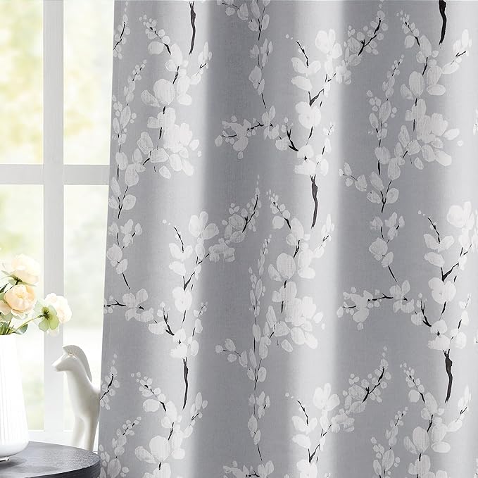 Fmfunctex Blue Valance Curtain, Blossom Blackout Window Valance Thermal Insulated Rod Pocket Floral Valance Curtains, 50'' Wx18'' L, Grey and White, 1 Panel
