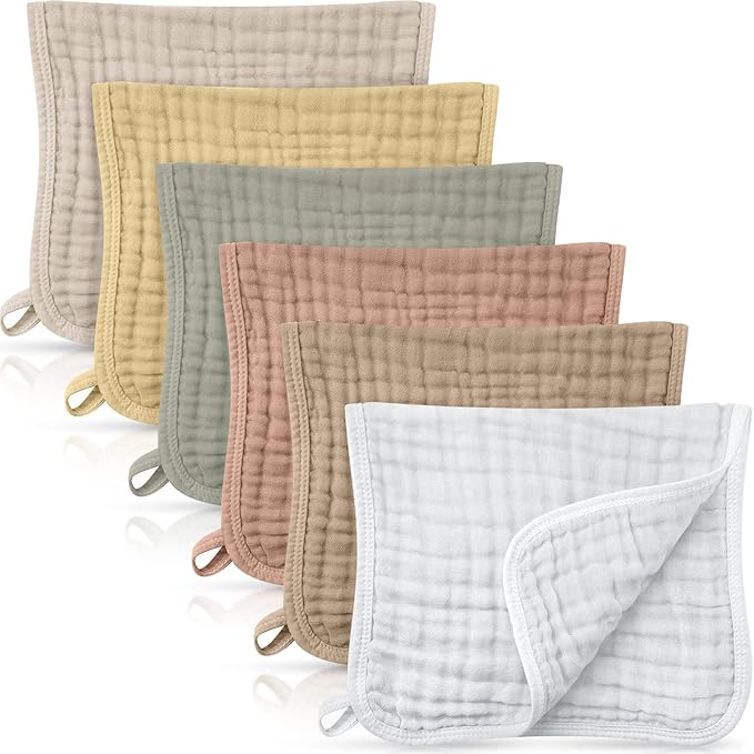 Irenare 6 Pack Muslin Burp Cloths Cotton Baby Burping Rags Large 20 x 10 Inch 6 Layers Spit up Rags Soft Absorbent Multicolor Wash Cloths Diapers for Newborn Baby Girl Boy (Light Color)