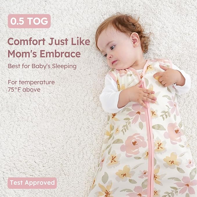 Unnivoll Baby Sleep Sack 12-18 Months 3 Pack 100% Cotton Lightweight 0.5 TOG Wearable Blanket Baby Sleep Bag with 2-Way Zipper for Newborn Infant Pink Flowers & Leaf