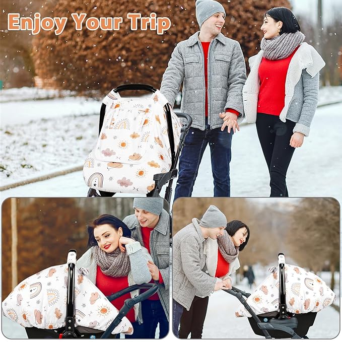Car Seat Cover Baby, Anti-Kick Carseat Covers Baby Girl, Warm Minky Infant Car Seat Canopy with Mesh Window, Multi-Use Cover Protecting Baby from Wind, Sun, Strangers, White Rainbow