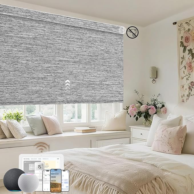 Kincmo No Drill Motorized Blinds with Remote, 100% Blackout Roller Shades for Windows, Custom Electric Blinds Compatible with Alexa, Apple Homekit, Google Home (100% Blackout Dreamy Dark Grey)