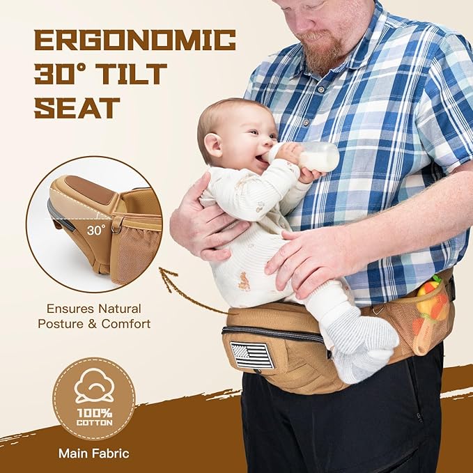 Dinictis Baby Hip Carrier, Ergonomic Waist Carrier with Hip Seat for Newborn to Toddler (Up to 45 lbs), Adjustable Wide Waistband, Molle Webbing & Multiple Pockets, Coyote Brown