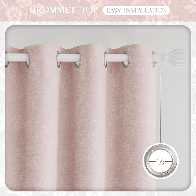 Beauoop Pink Floral Jacquard Blackout Curtains 84 Inches Long 2 Panels for Living Room Bedroom Chenille Flower Room Darkening Thermal Insulated Soundproof Grommet Window Drapes, 52x84 Set of 2