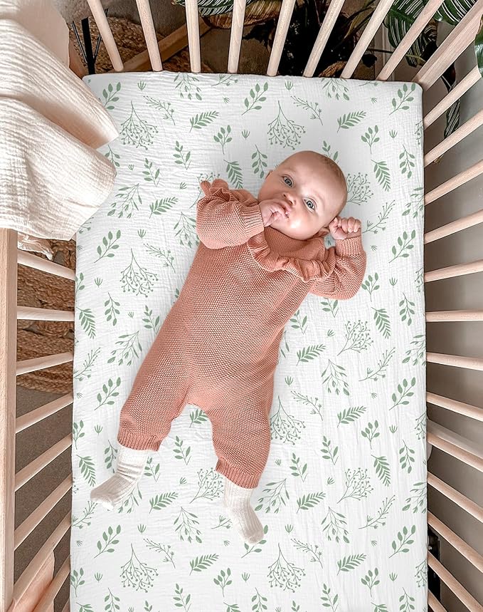 Crib Sheets for Baby Boy Girl 2 Pack, Fitted Crib Mattress Sheet 28" x 52", Muslin Toddler Bedding with Neutral Style, Nursery Bedding Essentials (Fern Leaf & Sage)
