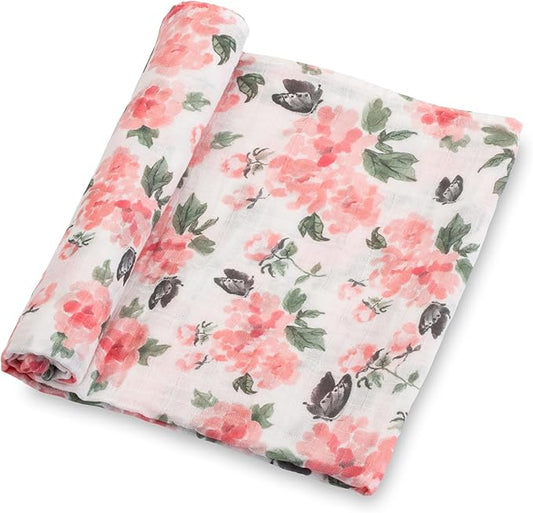 LollyBanks Muslin Swaddle Blankets for Girls, Large 47 x 47 Inches Soft Swaddles for Newborns, 100% Cotton Breathable and Lightweight Baby Blanket, Baby Essentials, Registry (Pink Peony Print)