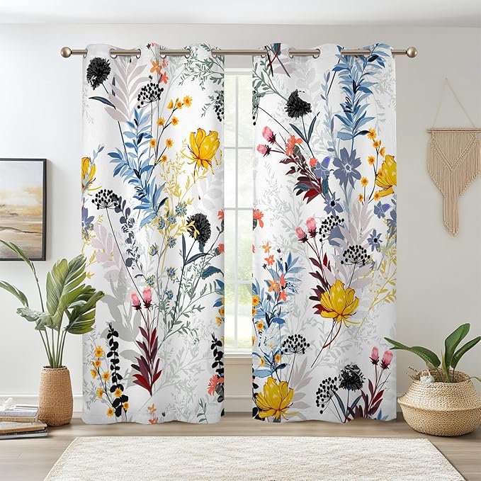 Renaiss Botanical Plants Blackout Curtains, Wild Flowers Plants Print Thermal Insulated Bedroom Window Curtains, Boho Floral Window Drapes for Living Room, 84" L x 42" W 2 Panel Set