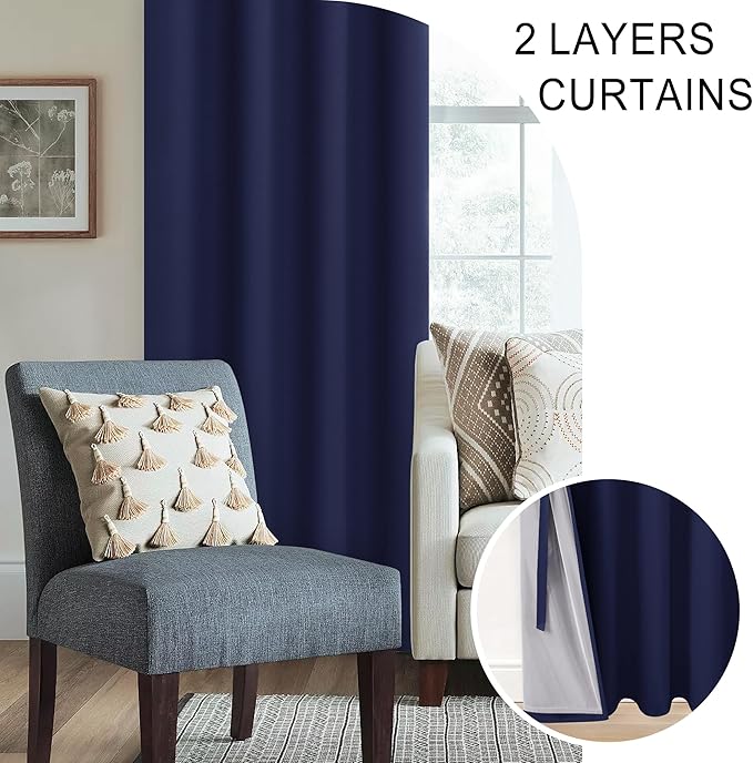 XWZO Full Shading Blackout Curtains 72 Inches Length - Heat and Light Blocking Ring Top Window Drapes with Black Liner Backing for Bedroom Sewn with Tiebacks, Navy Blue, W42 x L72, Set of 2