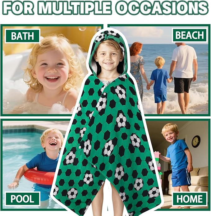 Hooded Towels for Kids - Ultra Soft 100% Cotton Soccer Toddler Hood Bath Towels/Pool Terry Towel Beach Poncho Wrap Absorbent Cute Bath & Swim Wrap for Boys & Girls 3-10 Years Beach Essentials - Green
