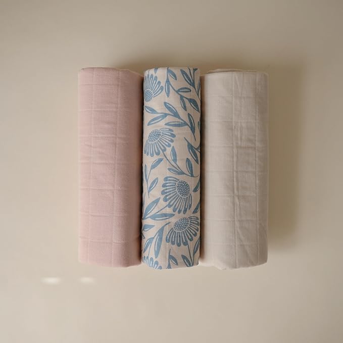 mushie Water Repellent Changing Pad Liners | Made with Organic Cotton | Set of 3 (Blue Flowers Combo)