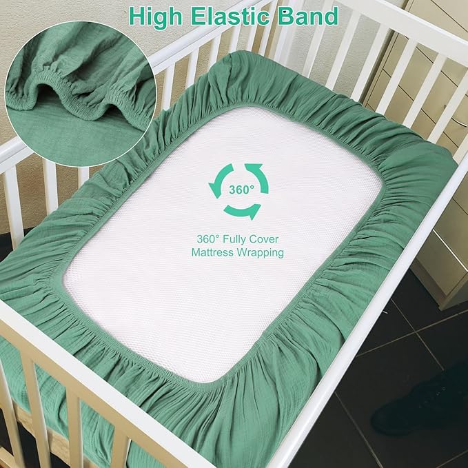 PET REJOIR 2 Pack Muslin Fitted Crib Sheets for Baby Girls & Boys-Neutral Breathable Crib Mattress Protector for Standard Crib Mattress (28"x 52") -Soft No Slip Toddler Cotton Bedding-Green & Grey