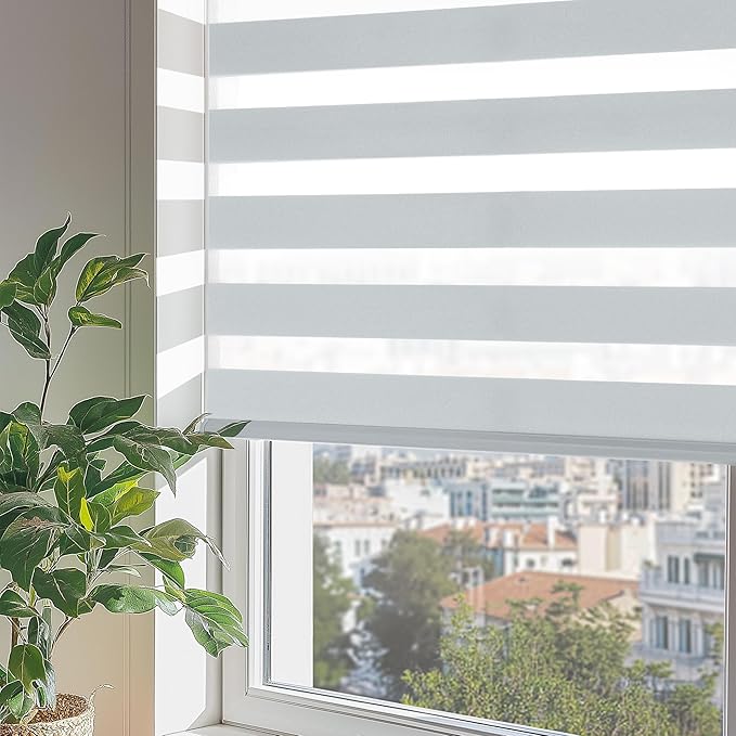 ChrisDowa Cordless Zebra Blinds for Windows, Dual Layer Free-Stop Light Filtering Window Roller Shades, Pull Down Privacy Zebra Shades for Home, Office, Bedroom, Door (35" W x 72" H, Light Grey)