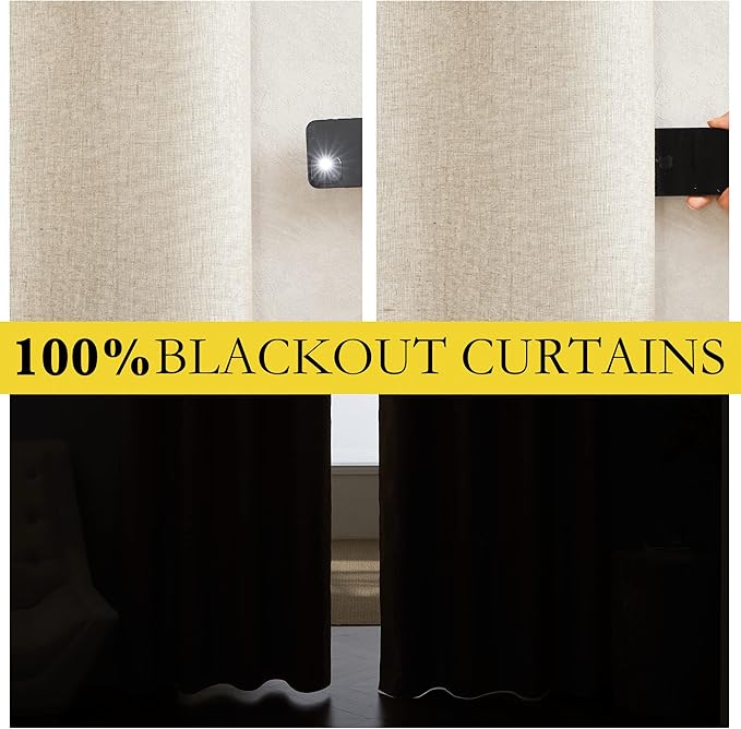 NICETOWN 100% Blackout Linen Curtains for Living Room with Thermal Insulated White Liner, 52" Wide, 2 Panels, 84" Long Drapes, Back Tab Retro Beige Linen Curtains Vertical Drapes Privacy for Bedroom