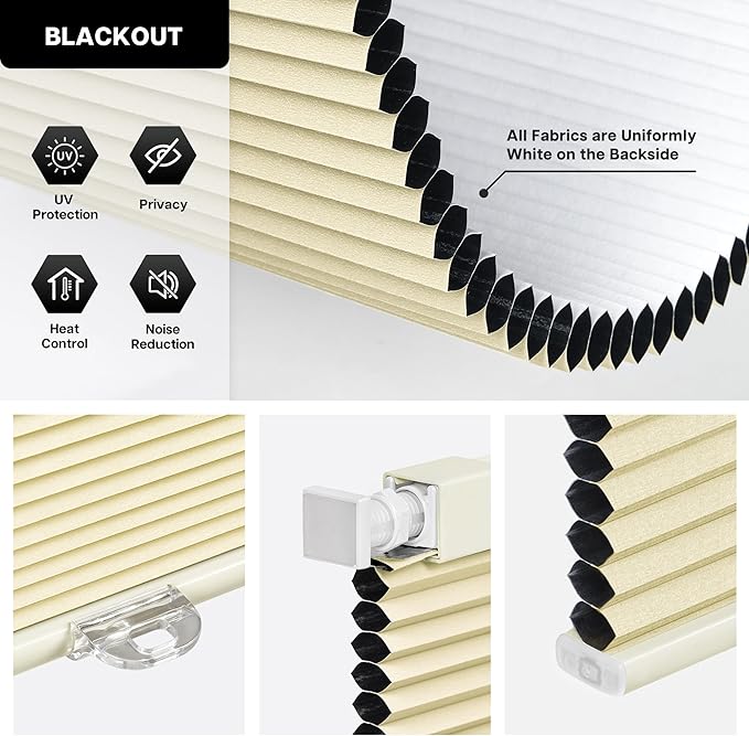 LazBlinds Cordless Cellular Shades, No Tools No Drill Blackout Honeycomb Shades Pleated Blinds for Windows, 37.5'' W x 48'' H, Soft Cream