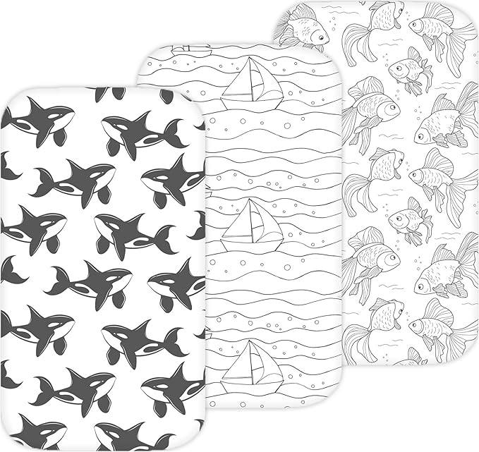 Bassinet Sheets for Angelbliss, Koolerthings, Chicco LullaGo, BCOL, Semphis Bassinet Bedside Sleeper by TansyPanda, 3PC, 33x20, Ultra Soft, Breathable, Snug Fit, Unisex Boys Girls, Gray (Ocean Fish)