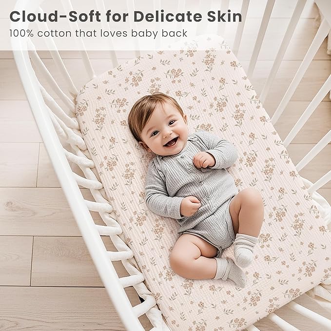 Konssy Muslin Fitted Bassinet Sheets 2 Pack for Baby Girl Boy, Soft Bedside Sleeper Bassinet Sheets Fit for Baby Bassinets, Moses Basket Oval Rectangle Pad/Mattress