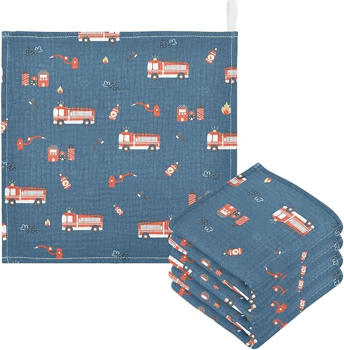 vvfelixl Firefighters Pattern Baby Burp Cloths, Baby Muslin Washcloths for Boys Girls, Cotton Baby Face Towel for Newborn Infants Soft and Absorbent 11.8 X 11.8 in, 5 Pack Blue