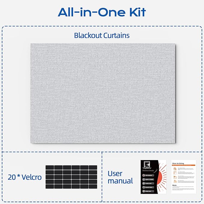 Linen Blackout Curtains for Bedroom, 100" x 58" Portable Black Out Blinds with 20 Sets Hooks & Loops Strips for 100% Blackout Window Film, Temporary Black-out Shades for Windows Cover Travel RV- Gray