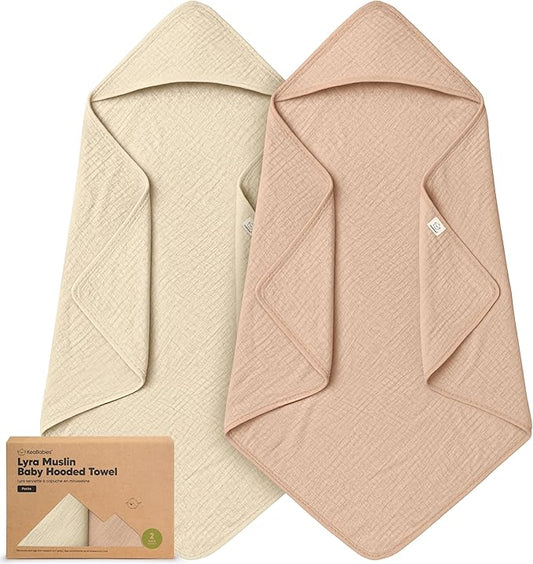KeaBabies Muslin Hooded Baby Towels for Newborn Girls, Boys - 2-Pack, 30x30 Organic Cotton Baby Bath Towels Hooded, Soft Absorbent, Toddlers, Kids, Infant, Newborn Bath Essentials (Almond, Petite)