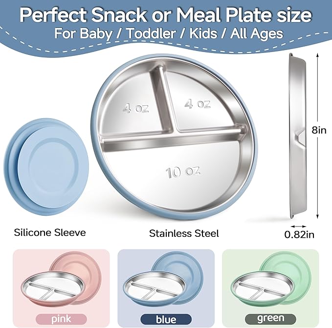 Bufims Stainless Steel Baby Plates with Suction, Divided Metal Toddler Plates with Removable Silicone Sleeves, Non-Slip Kids plates, BPA Free, Non-Toxic, Dishwasher Safe, 3 Pack