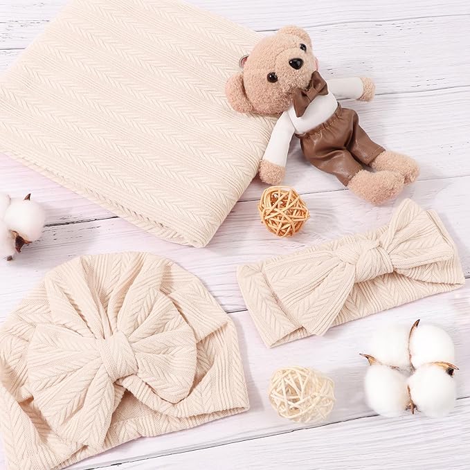 DRESHOW BQUBO Baby Swaddle Blankets for Girls, 4PCS Newborn Accessories Set with Matching Hat and Bow Headband with Hello World Wooden Birth Announcement Card