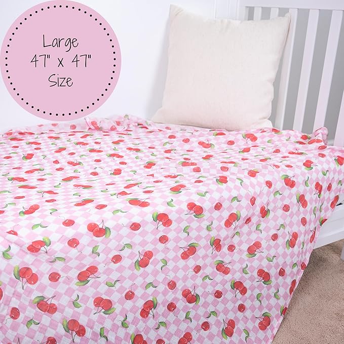 LollyBanks 100% Cotton Baby Swaddle Blanket for Baby Girls, Gentle and Soft Muslin Swaddle, Lightweight 47 x 47 Inches Swaddling Blankets for Newborn, Baby Girl Newborn Essentials (Cherry Print)
