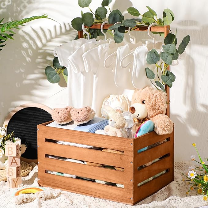 Barydat Wooden Baby Shower Crate Closet, Baby Basket with Handle, Personalized Basket Gifts, Easy Assembly Baskets for Newborn Boy Girl Welcome Gift for New Mom Parents(Brown)