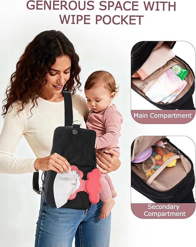 Mini Diaper Bag with Portable Changing Pad, Small Crossbody Diaper Purse with Wipe Pouch for Travel and Daily Use, Black (Empty Bag)