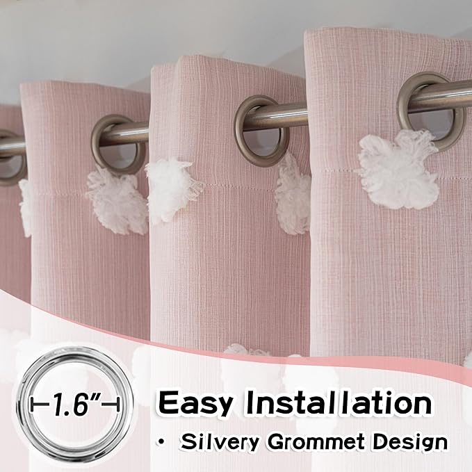MYSKY HOME Pink Curtains for Girls Bedroom 54 Inches Long Kids Curtain with White Pom Pom Sheer Short Curtains for Windows 2 Layered Drapes Grommet Room Darkening Nursey Curtain, 2 Panels, W52 X L54