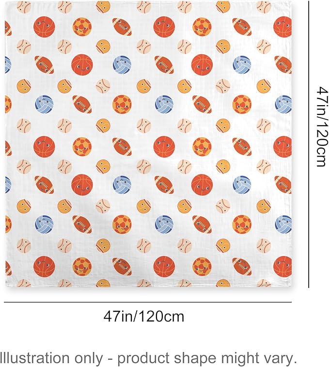 70% Rayon Made from Bamboo 30% Cotton Muslin Swaddle Blanket, 47 x 47 Inches, Sports Theme Baby Receiving Blanket, Soft and Breathable, Unisex, 2 Pack
