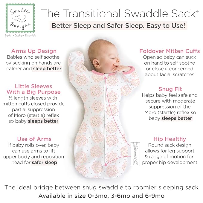 SwaddleDesigns Transitional Swaddle Sack, Arms Up Half-Length Sleeves & Mitten Cuffs, Swaddle for Newborn Transition to Baby Sleep Sack Wearable Blanket, 6-9 Month, 21-24 lb, Heavenly Floral Pink