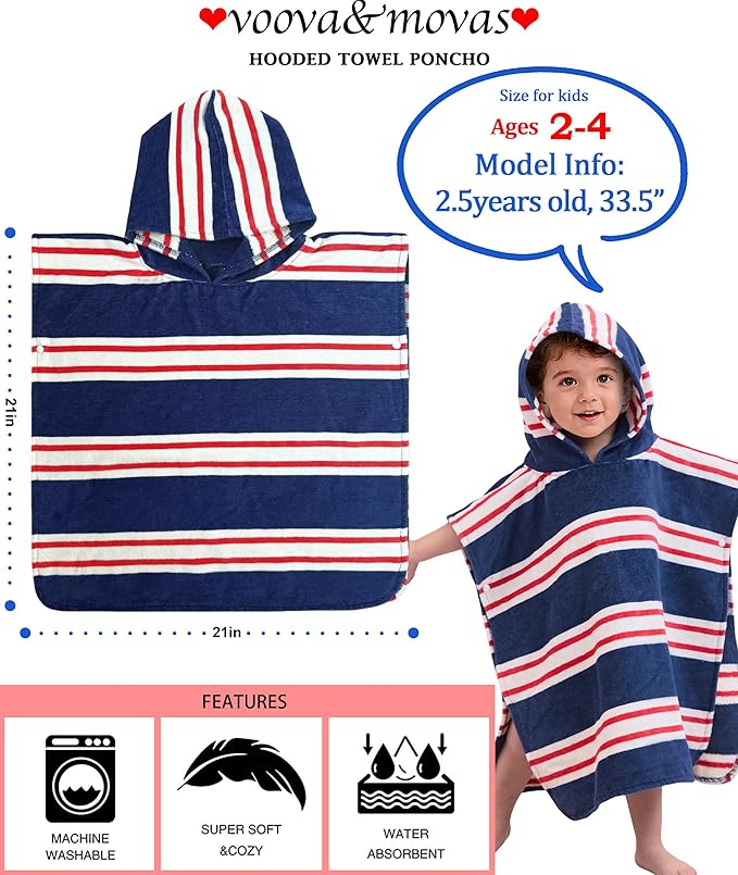 Toddler Bath Towels with Hood, Oversized (2-4Years,22"X22") Made from 100% Soft Cotton,Absorbent Hooded Poncho Towel for Baby Girl,Perfect for Pool | Swimming | Bath | Beach,Navy Red Stripe